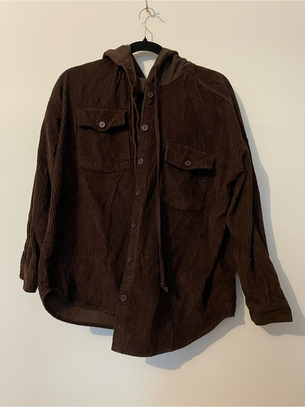 Brown Faux Corduroy Hooded Button Down Shirt